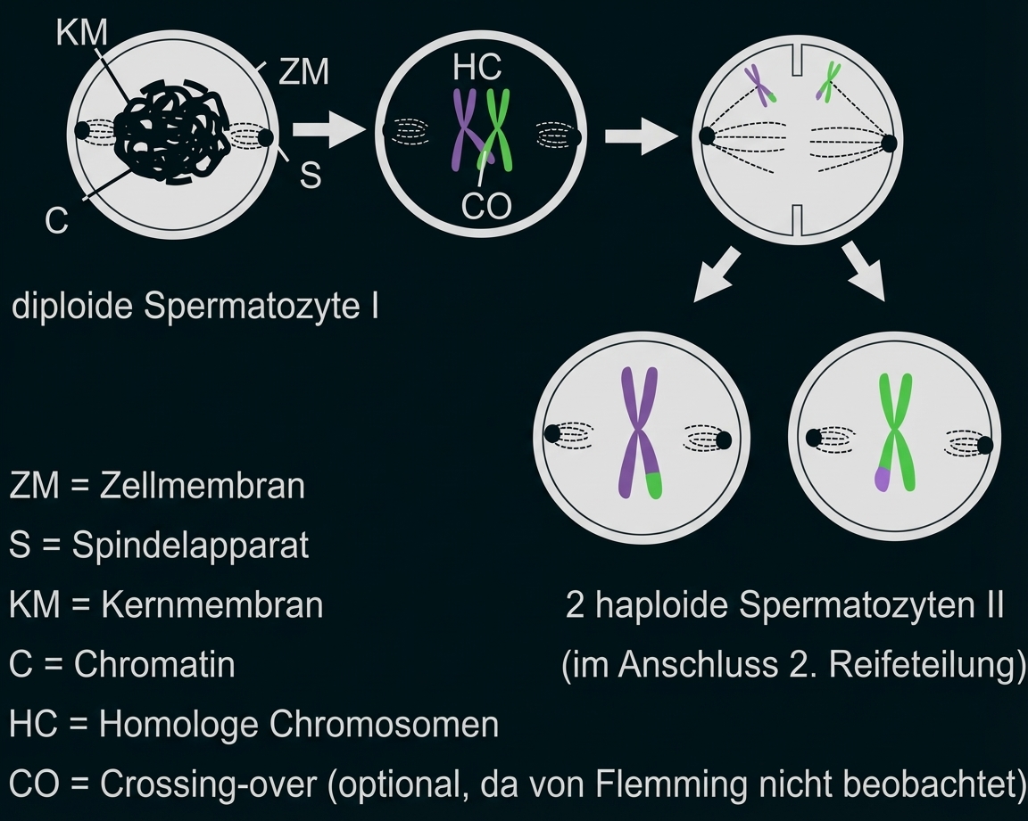 Schematische Darstellung der Meiose: diploide Spermatozyte I teilt sich zu zwei haploiden Spermatozyten II mit Chromosomen und Spindel